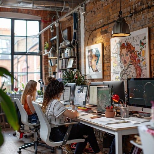 Kreativa människor som arbetar i einem modernt coworking-kontor i Stockholm.